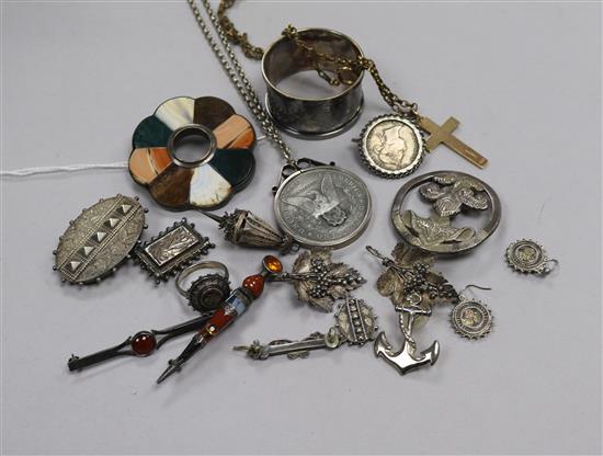 A quantity of assorted silver and white metal items including hardstone brooch and a 9ct gold chain and a 9ct cross pendant.